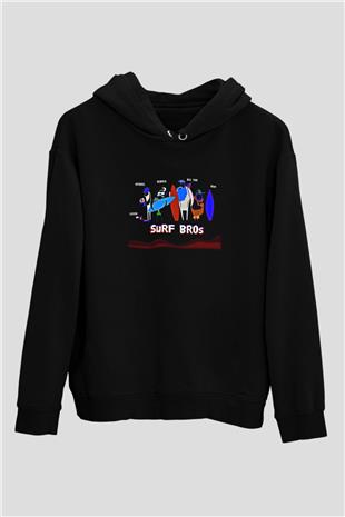 Sörf - Surfing Baskılı Unisex Siyah Kapüşonlu Sweatshirt