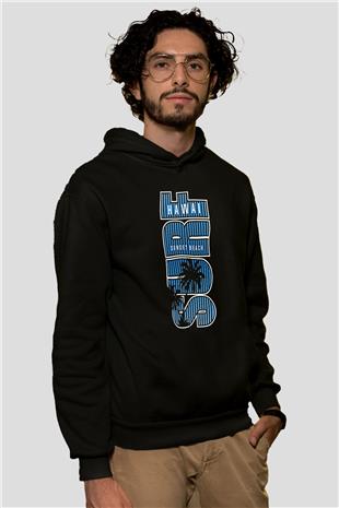 Sörf - Surfing Baskılı Unisex Siyah Kapüşonlu Sweatshirt