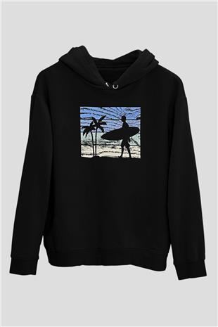 Sörf - Surfing Baskılı Unisex Siyah Kapüşonlu Sweatshirt