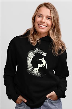 Sörf - Surfing Baskılı Unisex Siyah Kapüşonlu Sweatshirt