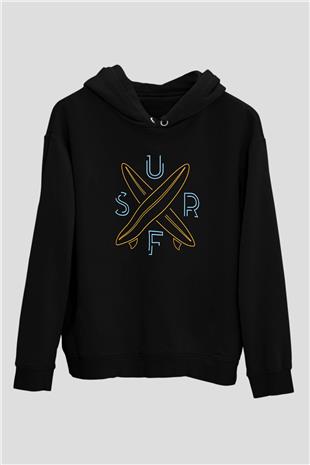 Sörf - Surfing Baskılı Unisex Siyah Kapüşonlu Sweatshirt