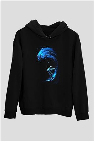 Sörf - Surfing Baskılı Unisex Siyah Kapüşonlu Sweatshirt