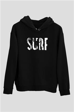 Sörf - Surfing Baskılı Unisex Siyah Kapüşonlu Sweatshirt