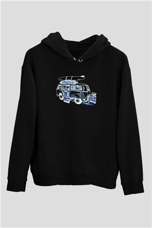 Sörf - Surfing Baskılı Unisex Siyah Kapüşonlu Sweatshirt