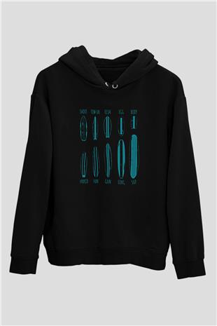 Sörf - Surfing Baskılı Unisex Siyah Kapüşonlu Sweatshirt