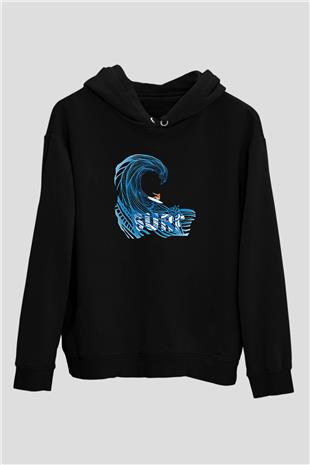 Sörf - Surfing Baskılı Unisex Siyah Kapüşonlu Sweatshirt