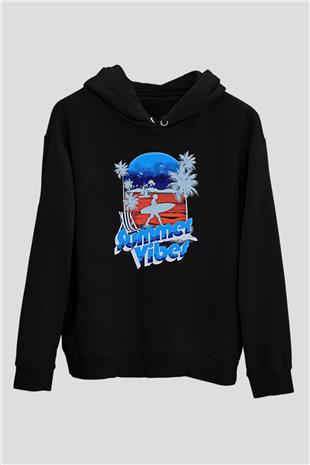 Sörf - Surfing Baskılı Unisex Siyah Kapüşonlu Sweatshirt