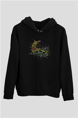 Sörf - Surfing Baskılı Unisex Siyah Kapüşonlu Sweatshirt