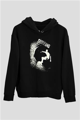 Sörf - Surfing Baskılı Unisex Siyah Kapüşonlu Sweatshirt