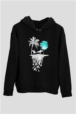 Sörf - Surfing Baskılı Unisex Siyah Kapüşonlu Sweatshirt