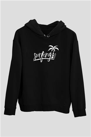 Sörf - Surfing Baskılı Unisex Siyah Kapüşonlu Sweatshirt