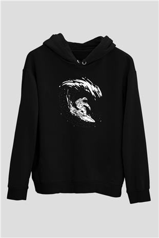 Sörf - Surfing Baskılı Unisex Siyah Kapüşonlu Sweatshirt