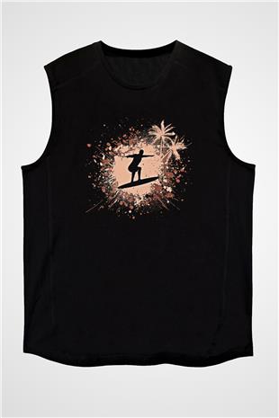 Sörf - Surfing Baskılı Unisex Siyah Kolsuz Tişört