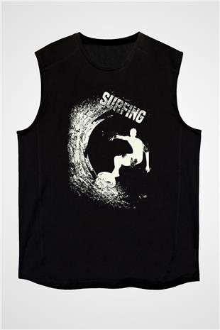 Sörf - Surfing Baskılı Unisex Siyah Kolsuz Tişört
