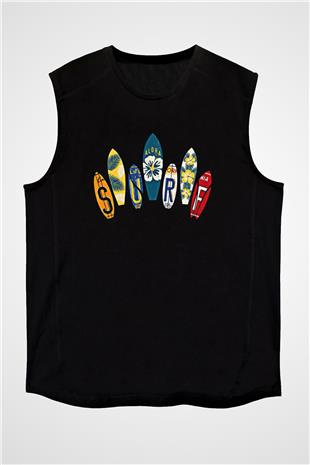 Sörf - Surfing Baskılı Unisex Siyah Kolsuz Tişört