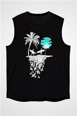 Sörf - Surfing Baskılı Unisex Siyah Kolsuz Tişört