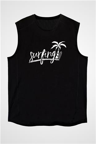 Sörf - Surfing Baskılı Unisex Siyah Kolsuz Tişört