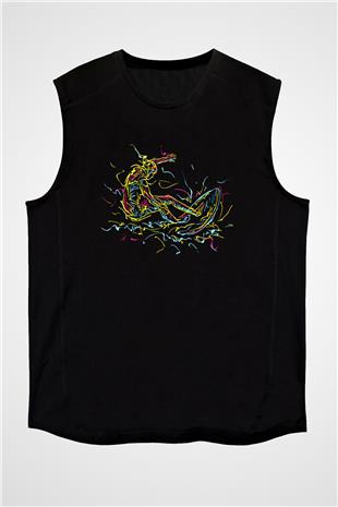 Sörf - Surfing Baskılı Unisex Siyah Kolsuz Tişört