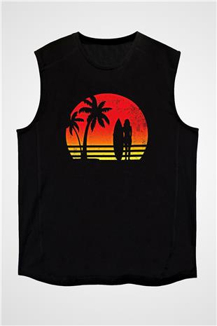 Sörf - Surfing Baskılı Unisex Siyah Kolsuz Tişört