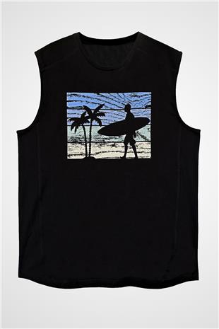 Sörf - Surfing Baskılı Unisex Siyah Kolsuz Tişört