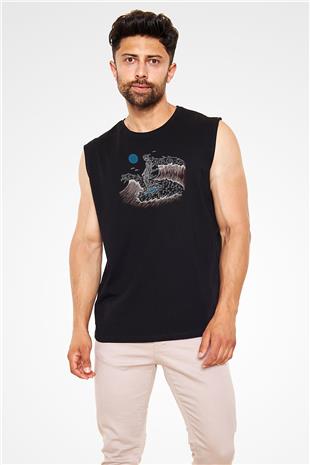 Sörf - Surfing Baskılı Unisex Siyah Kolsuz Tişört