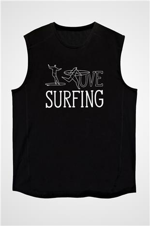 Sörf - Surfing Baskılı Unisex Siyah Kolsuz Tişört