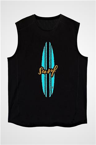 Sörf - Surfing Baskılı Unisex Siyah Kolsuz Tişört