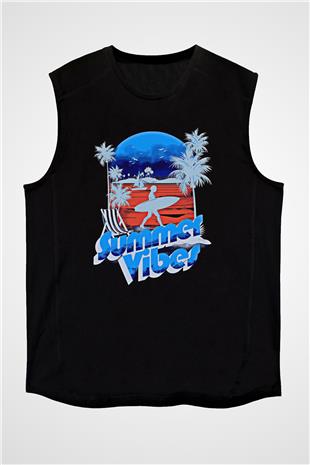 Sörf - Surfing Baskılı Unisex Siyah Kolsuz Tişört