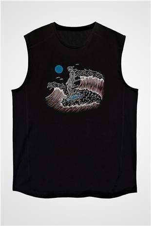 Sörf - Surfing Baskılı Unisex Siyah Kolsuz Tişört