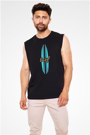 Sörf - Surfing Baskılı Unisex Siyah Kolsuz Tişört