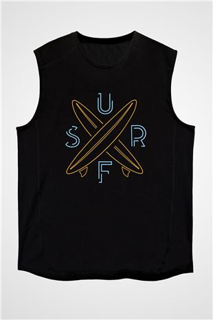 Sörf - Surfing Baskılı Unisex Siyah Kolsuz Tişört