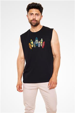 Sörf - Surfing Baskılı Unisex Siyah Kolsuz Tişört