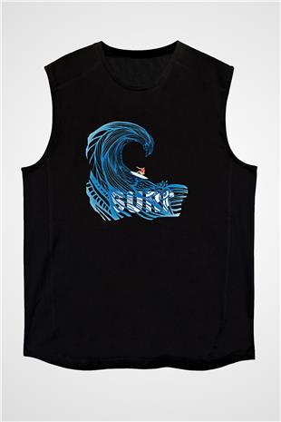 Sörf - Surfing Baskılı Unisex Siyah Kolsuz Tişört