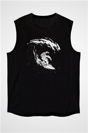 Sörf - Surfing Baskılı Unisex Siyah Kolsuz Tişört