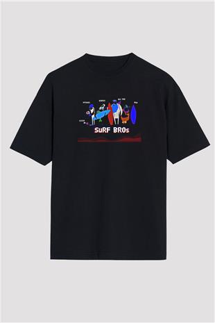 Sörf - Surfing Baskılı Unisex Siyah Oversize Tişört