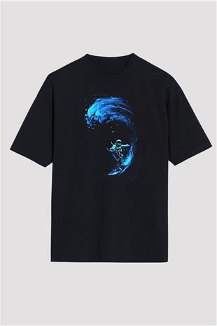 Sörf - Surfing Baskılı Unisex Siyah Oversize Tişört