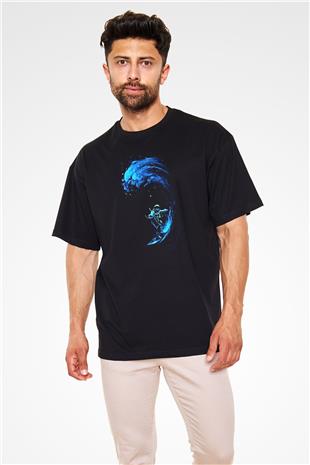 Sörf - Surfing Baskılı Unisex Siyah Oversize Tişört
