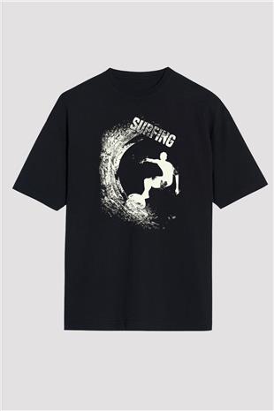 Sörf - Surfing Baskılı Unisex Siyah Oversize Tişört