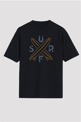 Sörf - Surfing Baskılı Unisex Siyah Oversize Tişört