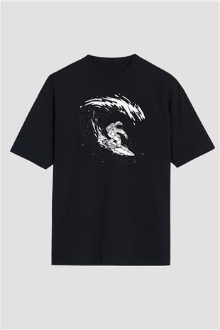 Sörf - Surfing Baskılı Unisex Siyah Oversize Tişört