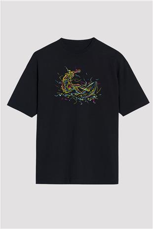 Sörf - Surfing Baskılı Unisex Siyah Oversize Tişört