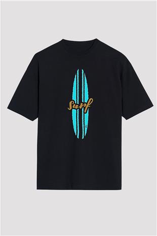 Sörf - Surfing Baskılı Unisex Siyah Oversize Tişört