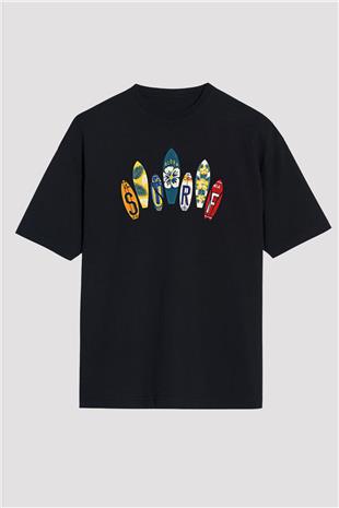 Sörf - Surfing Baskılı Unisex Siyah Oversize Tişört