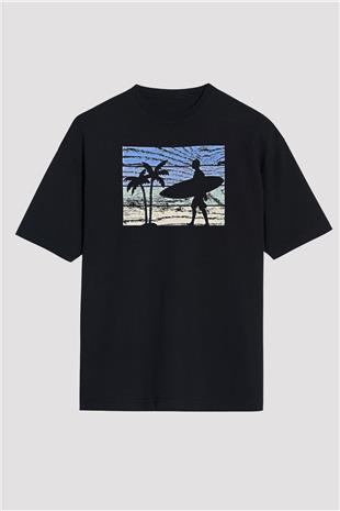 Sörf - Surfing Baskılı Unisex Siyah Oversize Tişört