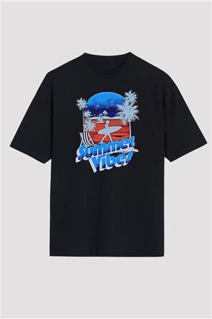 Sörf - Surfing Baskılı Unisex Siyah Oversize Tişört