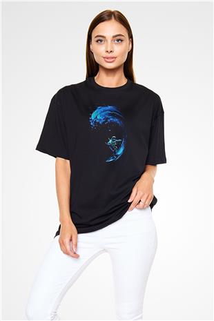 Sörf - Surfing Baskılı Unisex Siyah Oversize Tişört