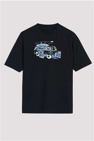 Sörf - Surfing Baskılı Unisex Siyah Oversize Tişört