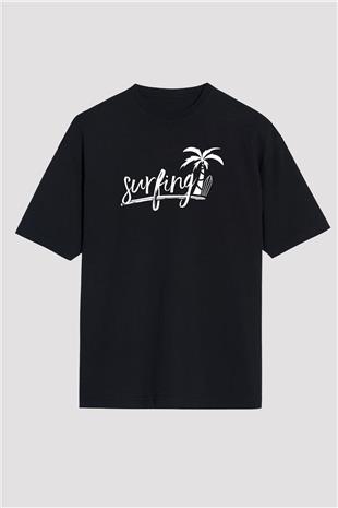 Sörf - Surfing Baskılı Unisex Siyah Oversize Tişört