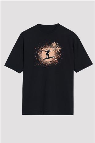Sörf - Surfing Baskılı Unisex Siyah Oversize Tişört