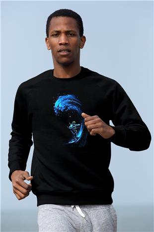 Sörf - Surfing Baskılı Unisex Siyah Sweatshirt